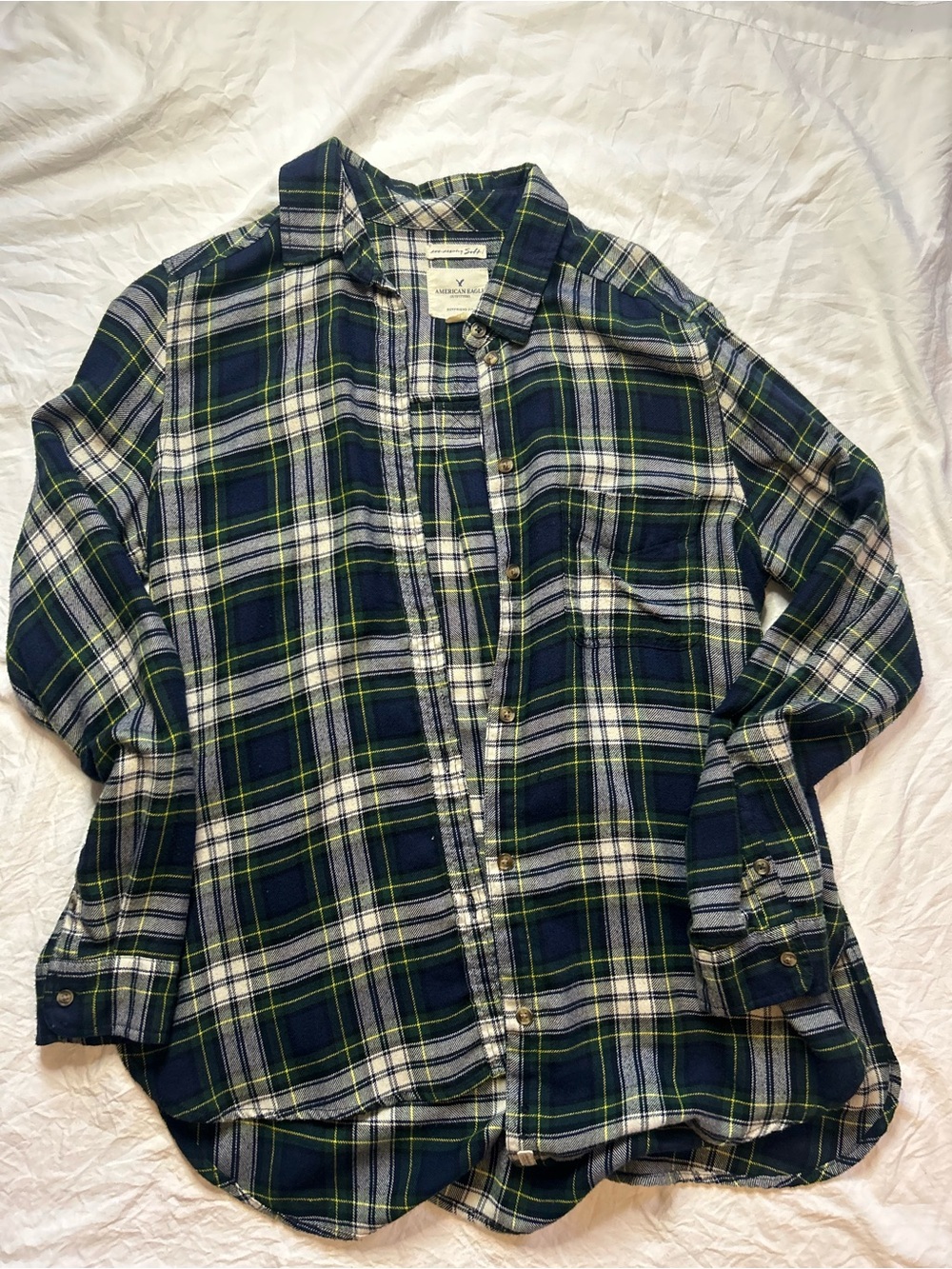 AE women’s boyfriend flannel Green & Navy plaid- Medium